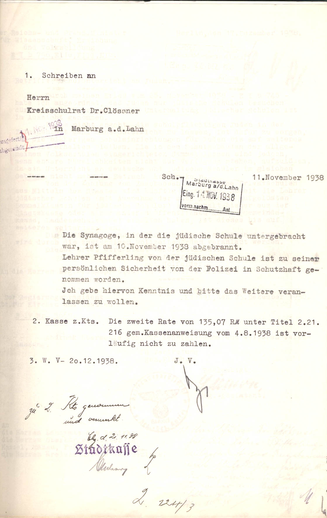 Schreiben der Stadtkasse Marburg an den Kreisschulrat betr. Verbleib der jüdischen Schule Marburg vom 11. November 1938