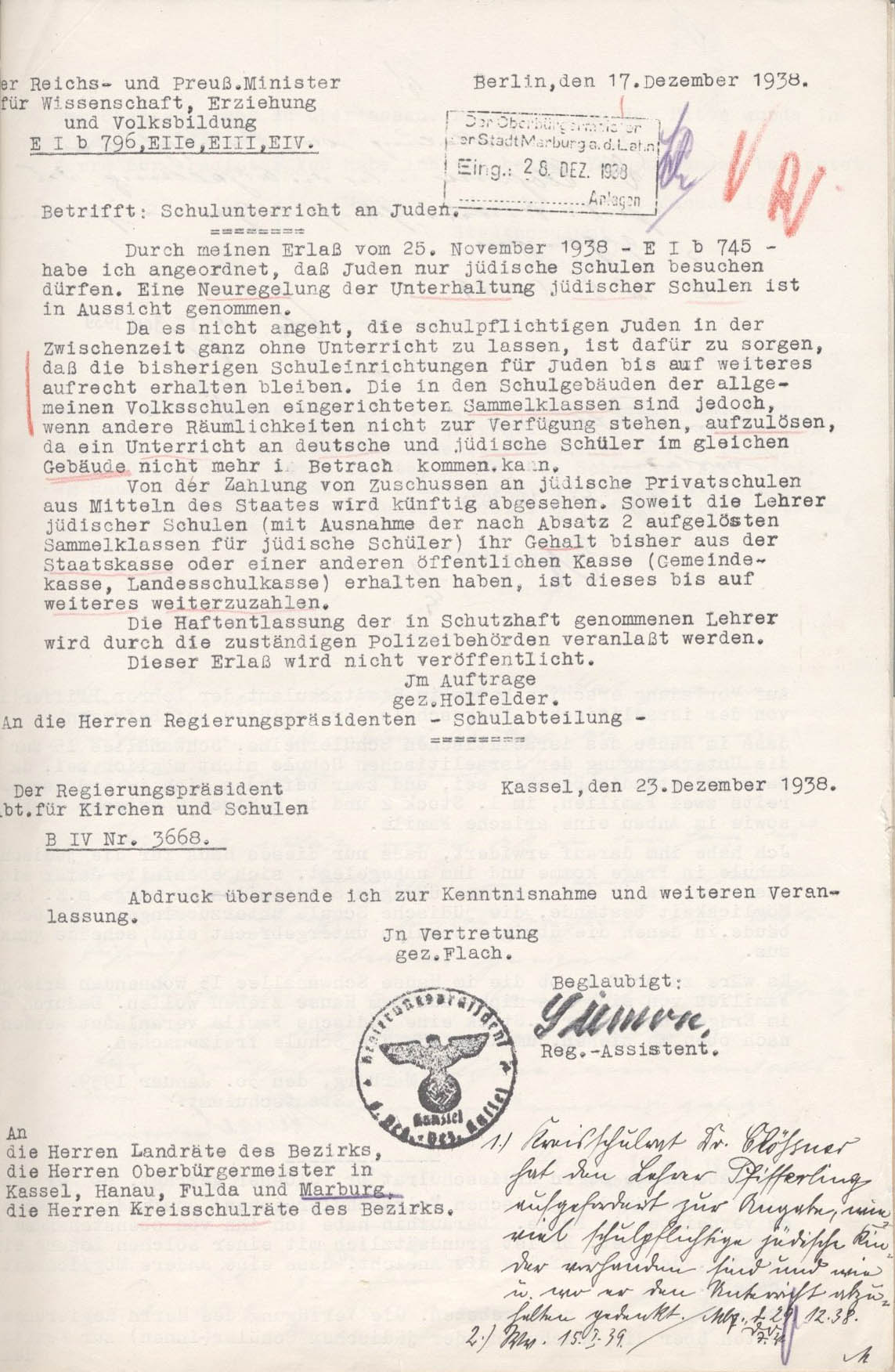 Schreiben des Ministers für Wissenschaft, Erziehung und Volksbildung an den Regierungspräsidenten Kassel betr. Schulausschluss von jüdischen SchülerInnen vom 17. Dezember 1938 