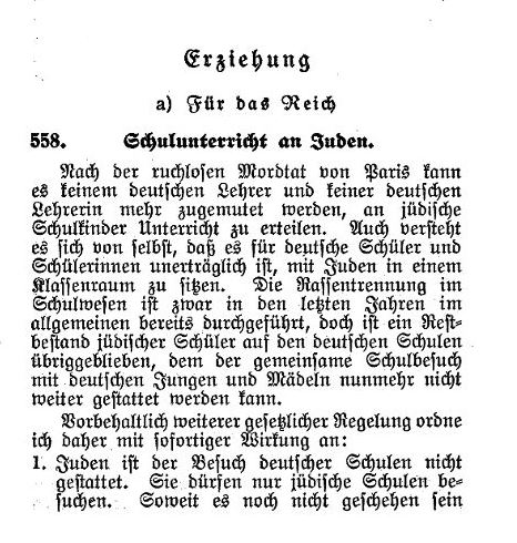 Runderlass zum Auschluss von jüdischen SchülerInnen aus "deutschen Schulen" vom 15. November 1938