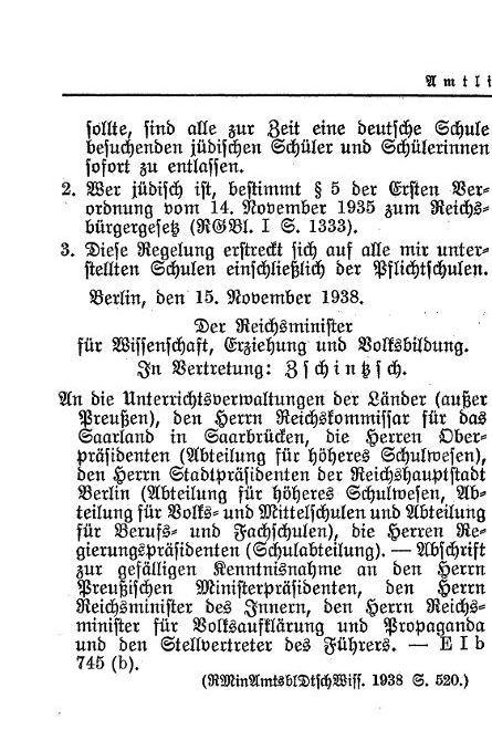 Runderlass zum Auschluss von jüdischen SchülerInnen aus "deutschen Schulen" vom 15. November 1938