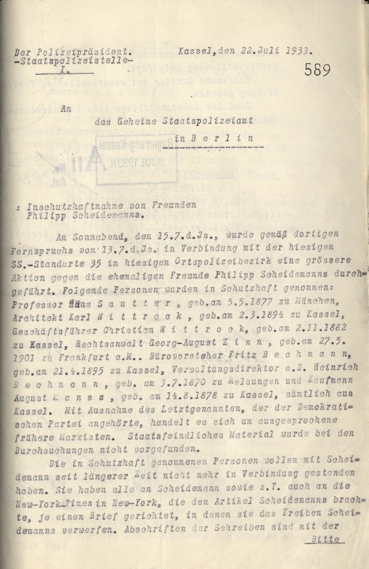 Bericht über Inschutzhaftnahme von Freunden Philipp Scheidemanns in Kassel