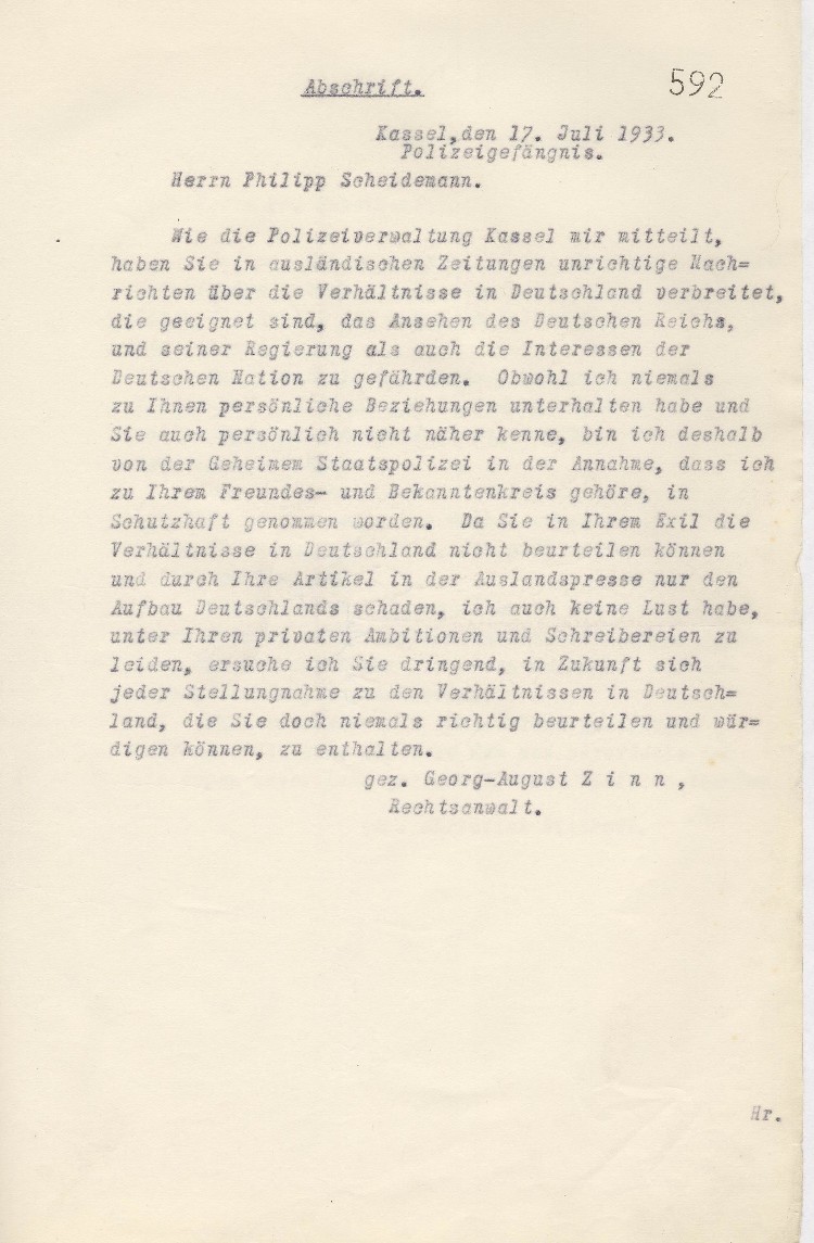 Brief an Philipp Scheidemann, Prag
