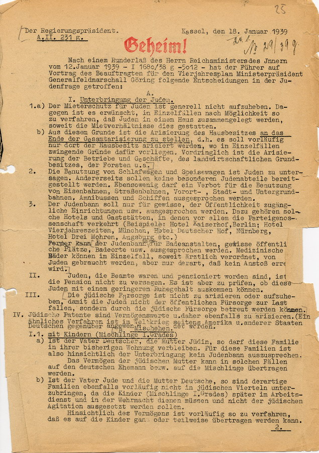 Geheimer Erlass des Regierungspräsidenten Kassel betr. Entscheidungen des "Führers" hinsichtlich der "Judenfrage" vom 18. Januar 1939
