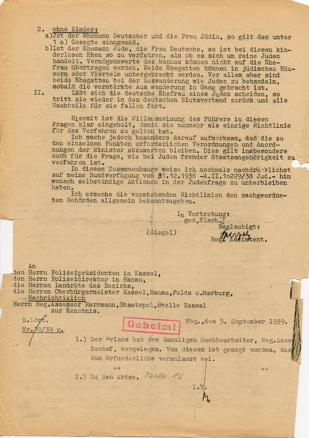 Geheimer Erlass des Regierungspräsidenten Kassel betr. Entscheidungen des "Führers" hinsichtlich der "Judenfrage" vom 18. Januar 1939