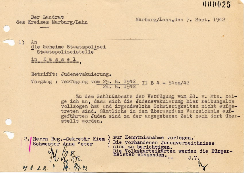Antwortschreiben des Landrats Marburg an die Staatspolizeistelle Kassel betr. erfolgter Deportation vom 7. September 1942