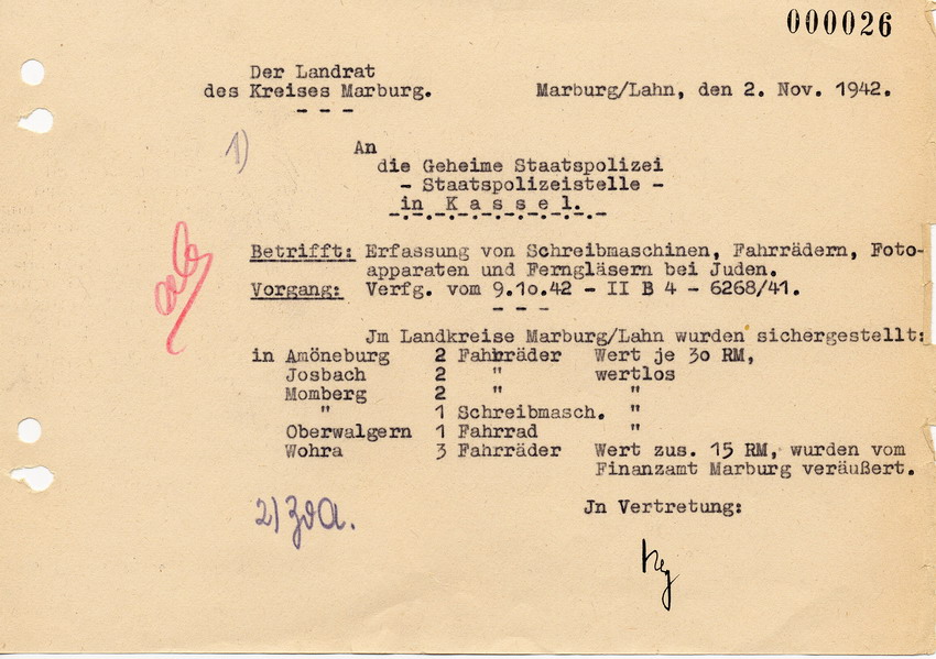 Schreiben des Landrats Marburg betr. Erfassung von Gegenständen aus jüdischem Besitz vom 2. November 1942