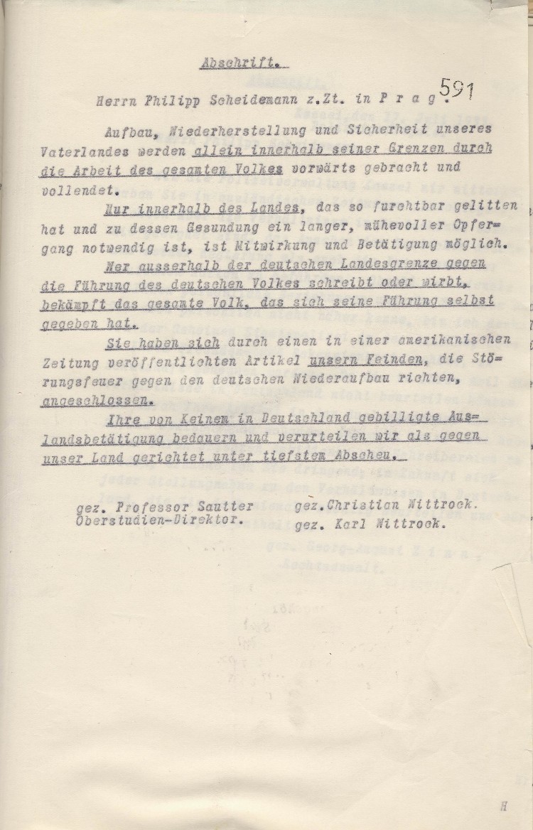Brief an an Philipp Scheidemann, Prag (ohne Datumsangabe)