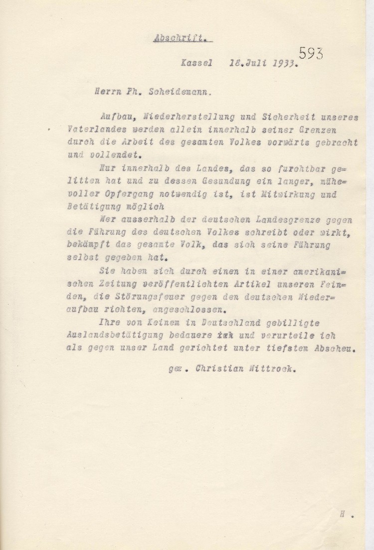 Brief an Philipp Scheidemann, Prag (Textgleich mit Dok. 07.1933)