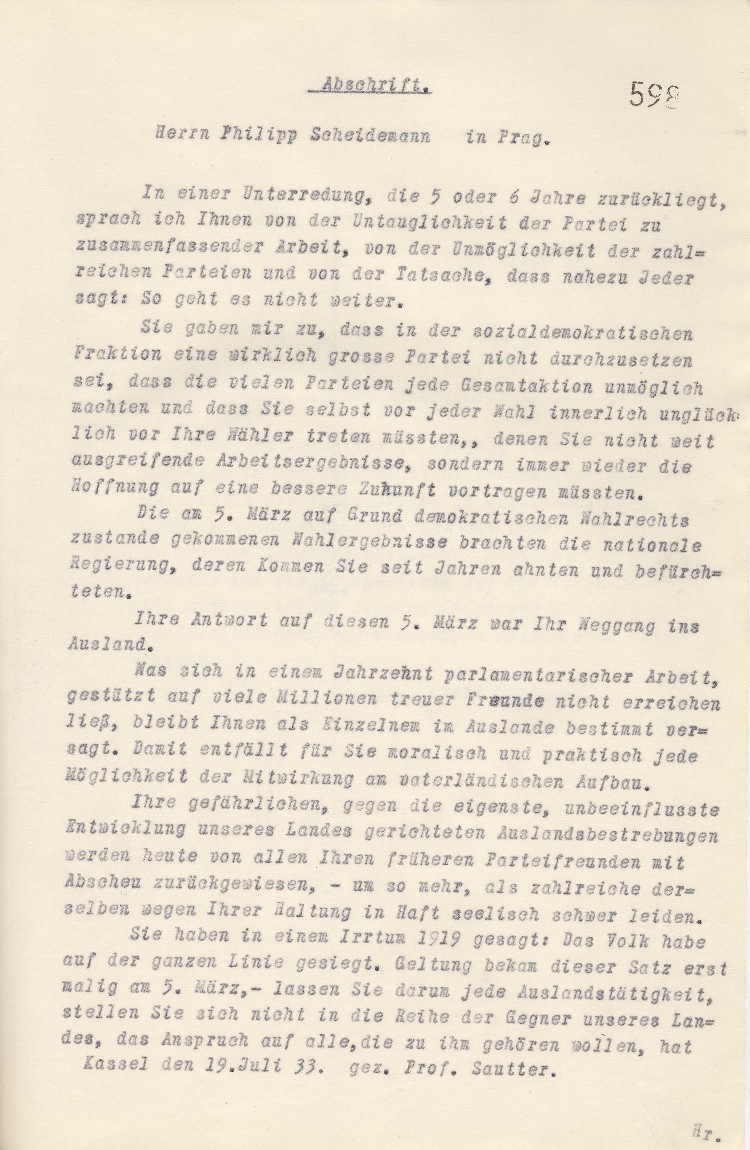 Brief an Philipp Scheidemann, Prag
