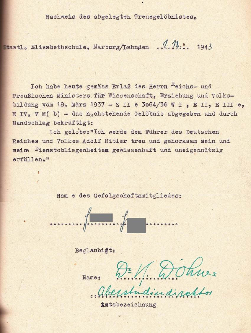 Treuegelöbnis der Lehrer vom 1. Dezember 1943