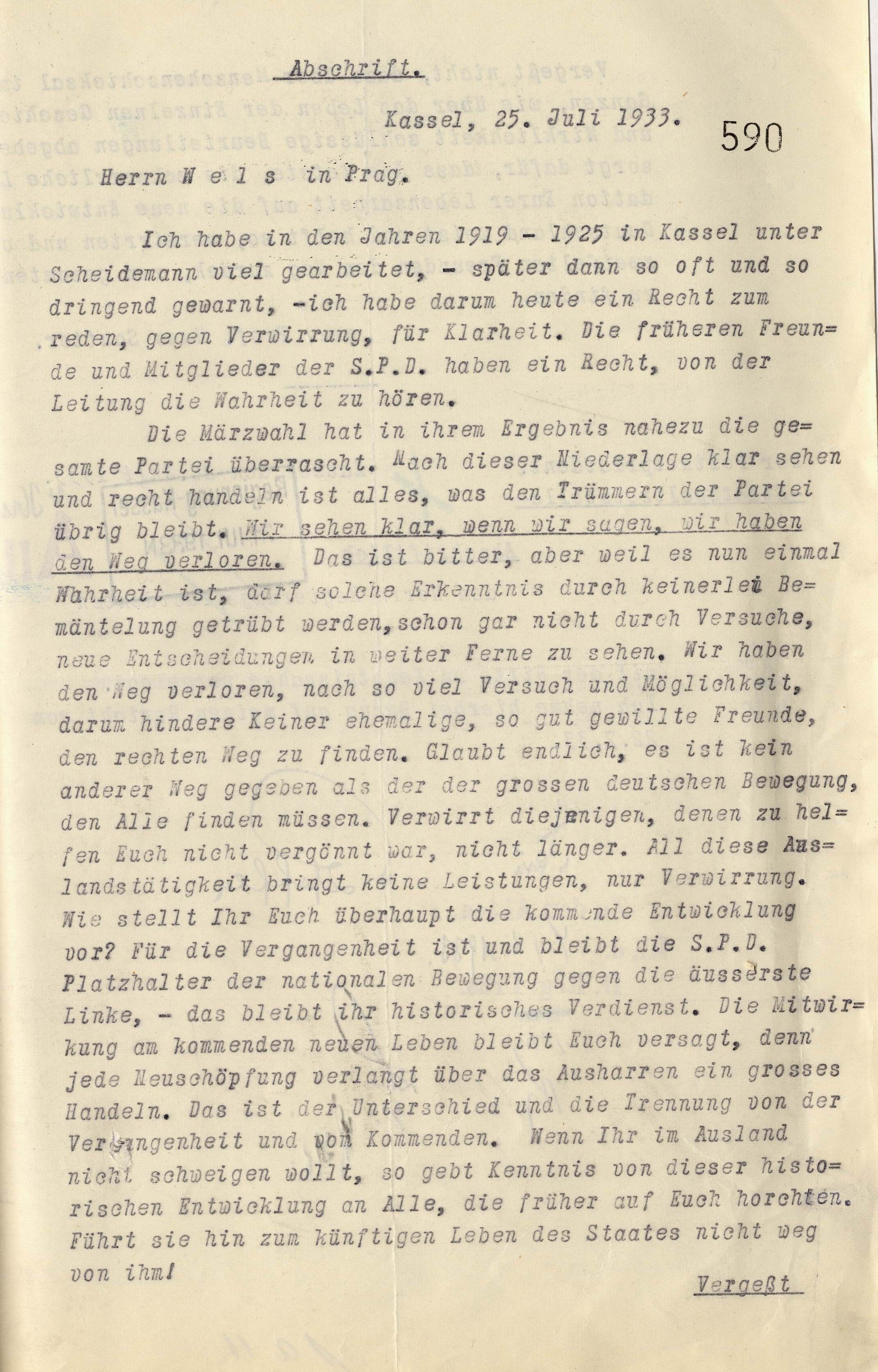 Brief an Otto Wels, Prag (Abschrift)