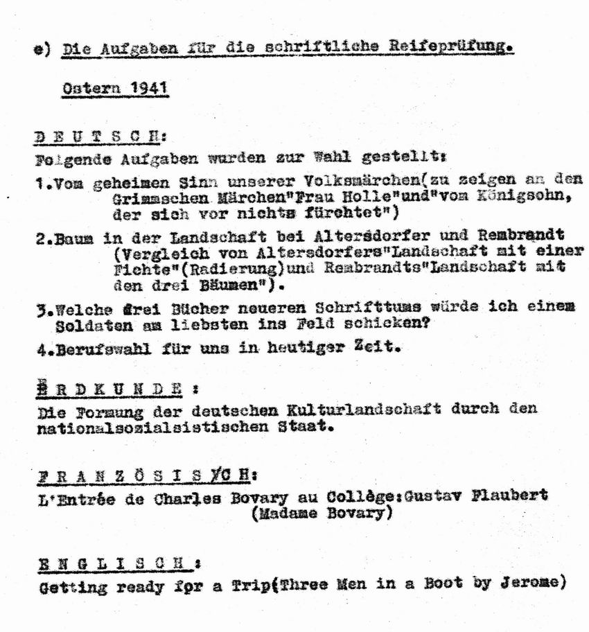 Aufgaben für die schriftliche Reifeprüfung von Ostern 1941