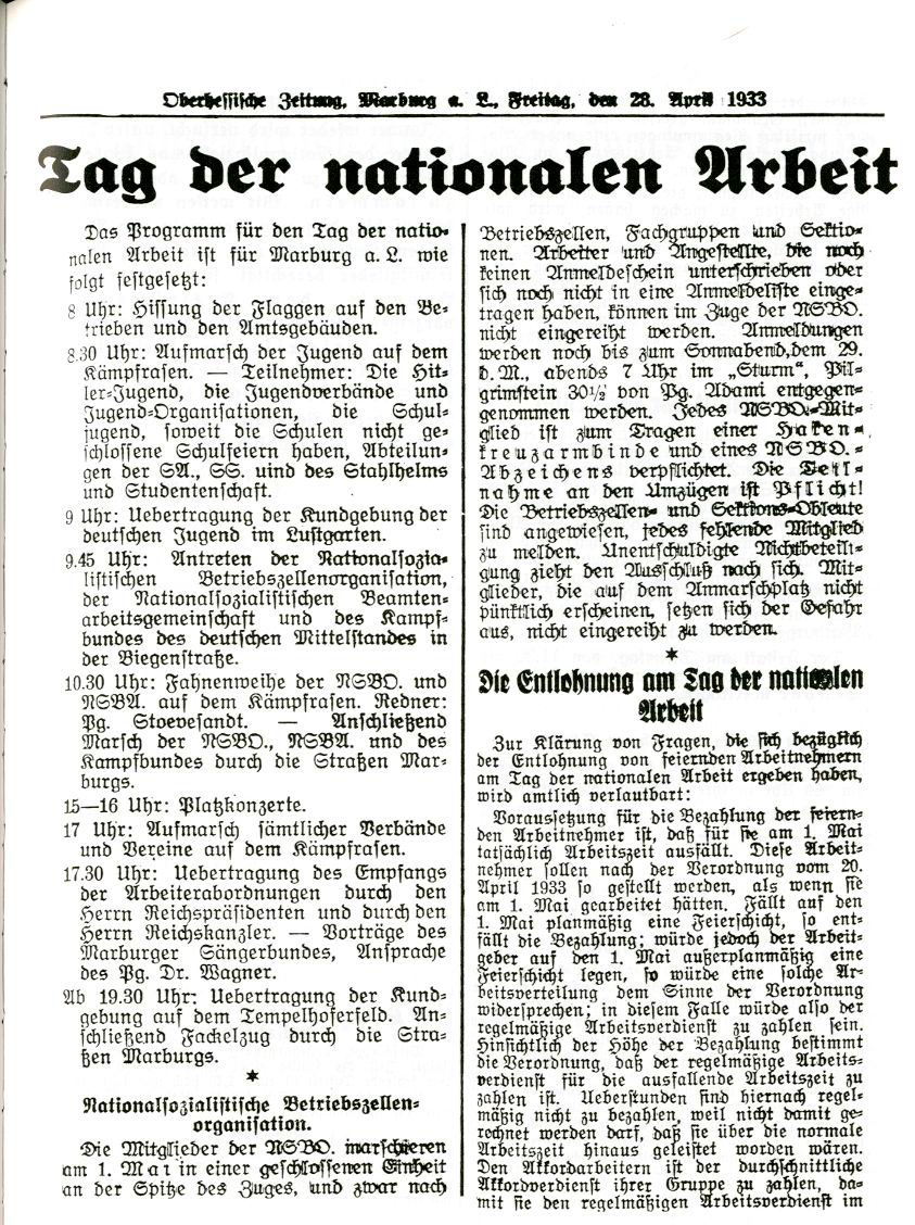 Zeitungsartikel der OZ betr. Tag der nationalen Arbeit vom 28. April 1933