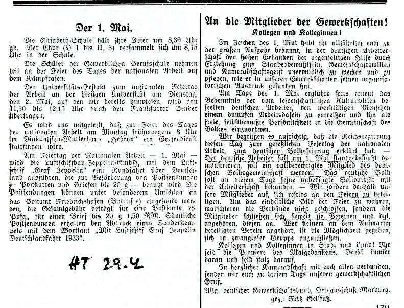 Zeitungsartikel des HT betr. Feiern zum 1. Mai vom 29. April1933