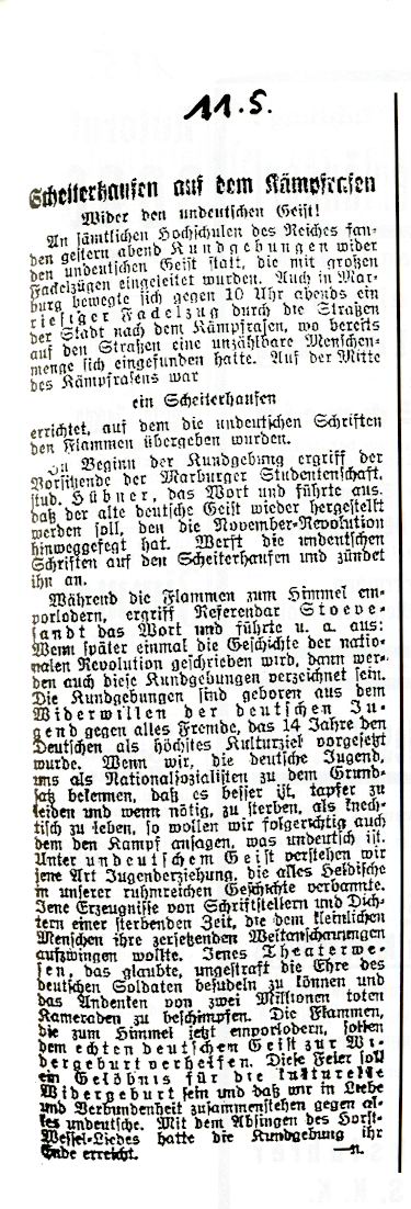 Zeitungsartikel der OZ betr. Bücherverbrennung vom 11. Mai 1933