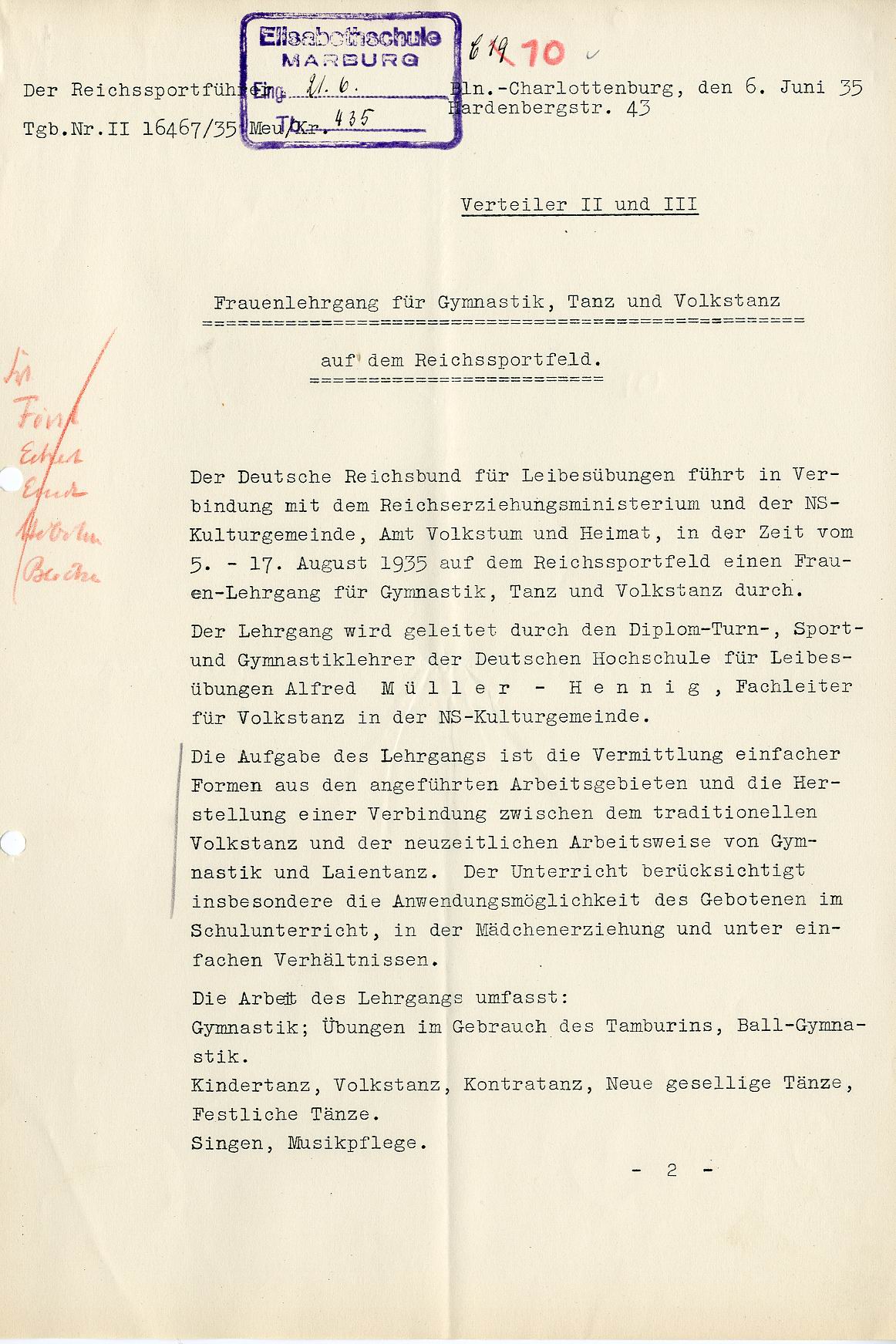 Einladung des Reichssportführers betr. Frauenlehrgang für Gymnastik,Tanz und Volkstanz vom 06.06.1935