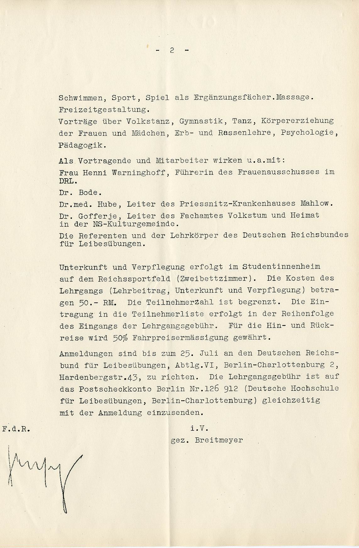 Einladung des Reichssportführers betr. Frauenlehrgang für Gymnastik,Tanz und Volkstanz vom 06.06.1935