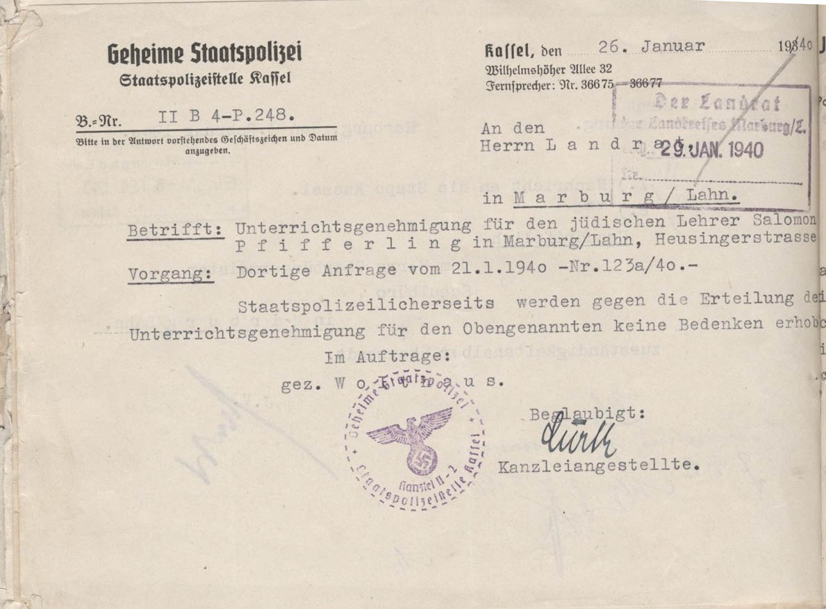 Schreiben der Geheimen Staatspolizei Kassel an den Marburger Landrat betr. Unterrichtsgenehmigung für Salomon Pfifferling vom  26. Januar 1940