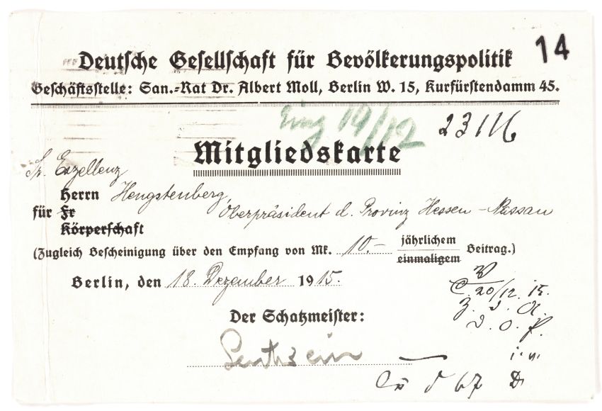 Mitgliedskarte der Deutschen Gesellschaft für Bevölkerungspolitik