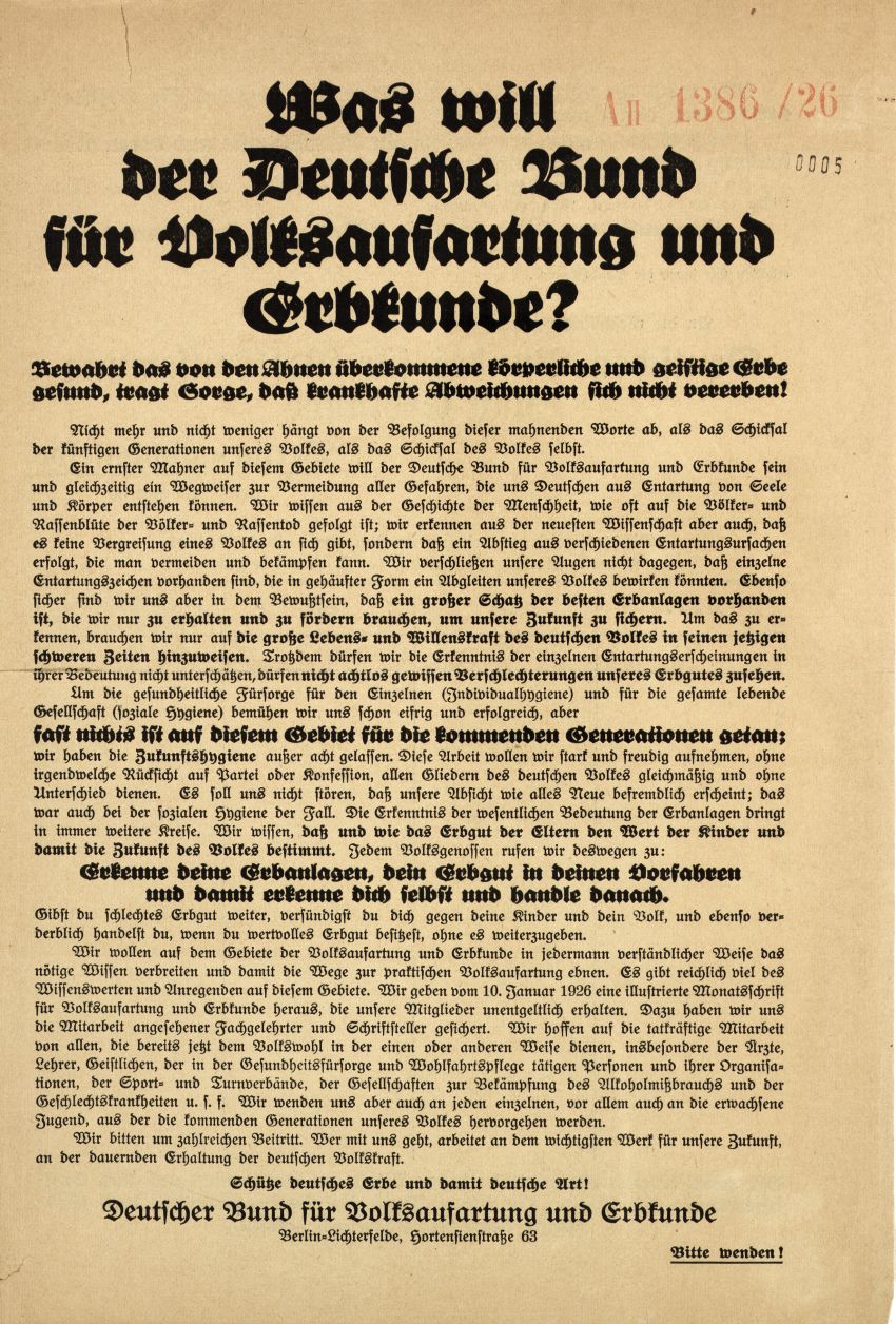 Flugblatt "Was will der Deutsche Bund für Volksaufartung und Erbkunde?"