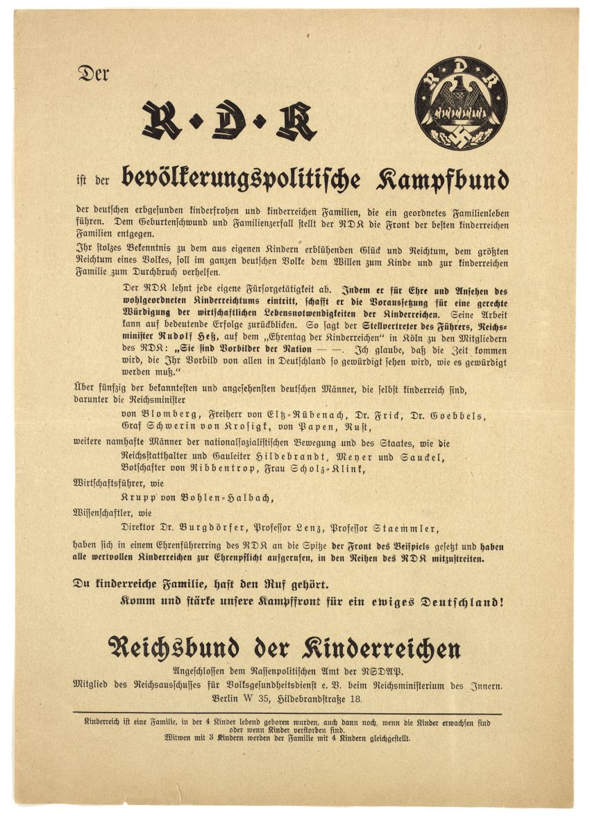 Flugblatt „Der RDK ist der bevölkerungspolitische Kampfbund der deutschen erbgesunden kinderfrohen und kinderreichen Familien“, um 1936
