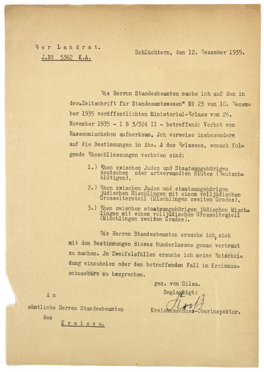 Schreiben des Landrates des Kreises Schlüchtern an die Standesbeamten, 12. Dezember 1935