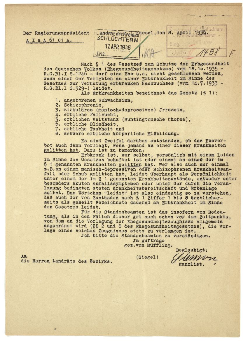 Schreiben des Regierungspräsidenten an die Landräte des Regierungsbezirks Kassel, 8. April 1936