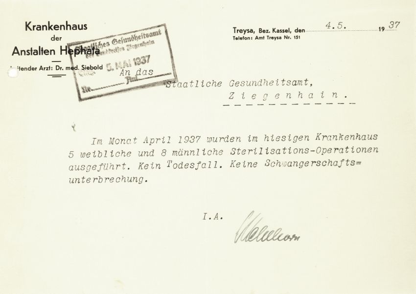 Schreiben des Krankenhauses der Anstalten Hephata an das Staatliche Gesundheitsamt des Landkreises Ziegenhain, 4. Mai 1937