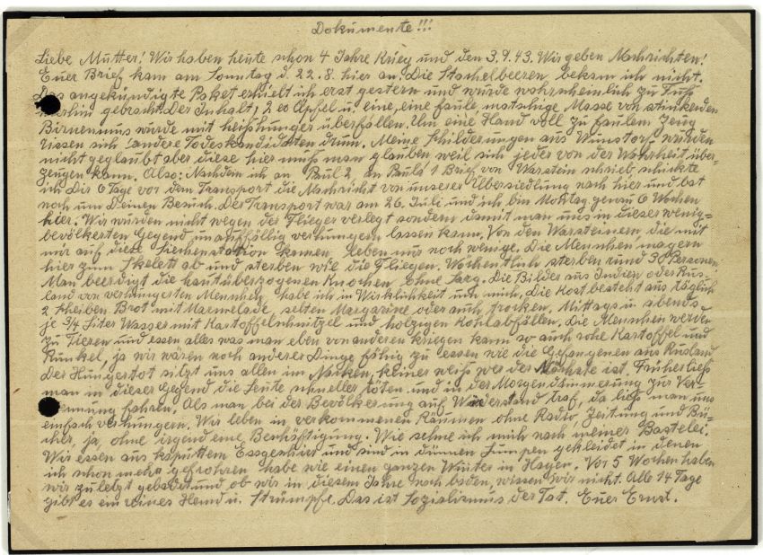 Brief des Patienten Ernst P. aus der Heilanstalt Weilmünster an seine Mutter, 3. September 1943