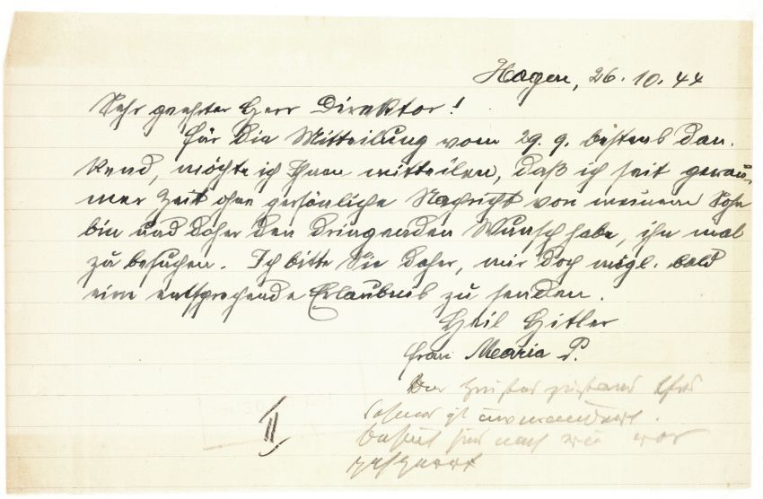 Schreiben der Mutter des Ernst P. an den Direktor der Landesheilanstalt Hadamar, 26. Oktober 1944