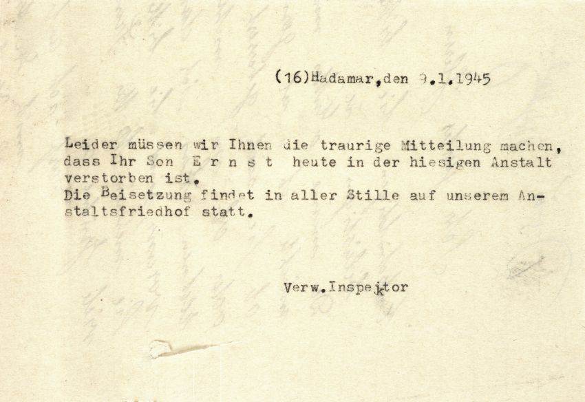 Schreiben der Landesheilanstalt Hadamar an die Mutter des Ernst P., 8. und 9. Januar 1945