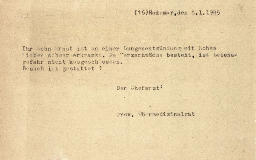 Schreiben der Landesheilanstalt Hadamar an die Mutter des Ernst P., 8. und 9. Januar 1945