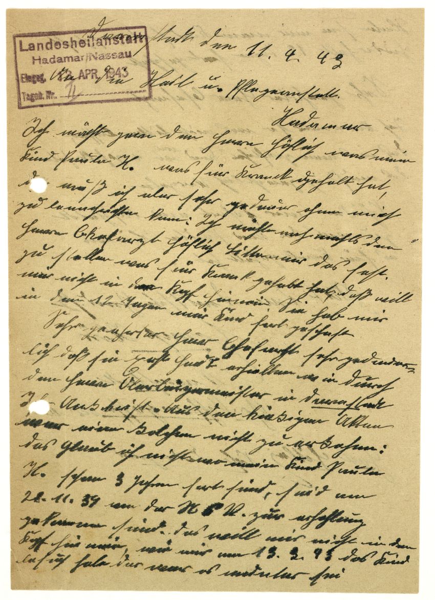 Schreiben des Ernst H. an die Landesheilanstalt Hadamar, 11. April 1943