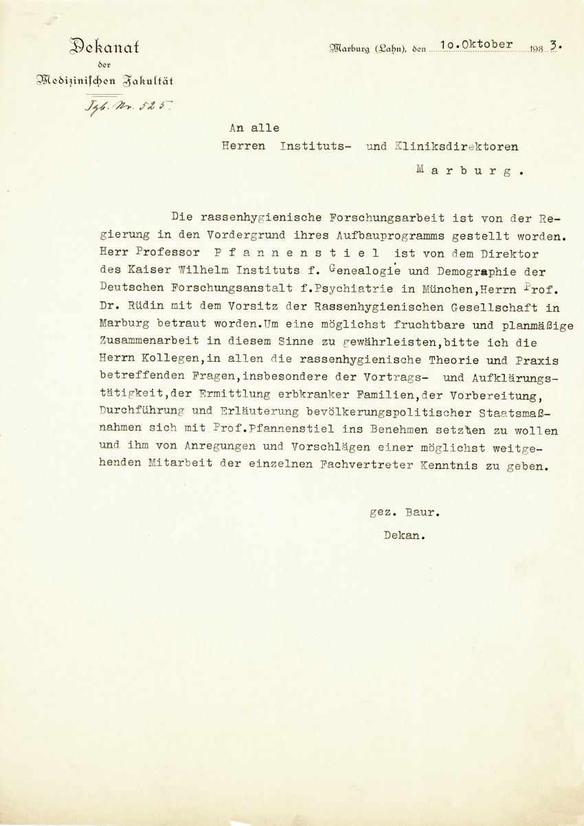 Rundschreiben des Dekans der Medizinischen Fakultät der Philipps-Universität Marburg an die Instituts- und Klinikdirektoren betreffend den Vorsitz der Marburger Ortsgruppe der Deutschen Gesellschaft für Rassenhygiene, 10. Oktober 1933