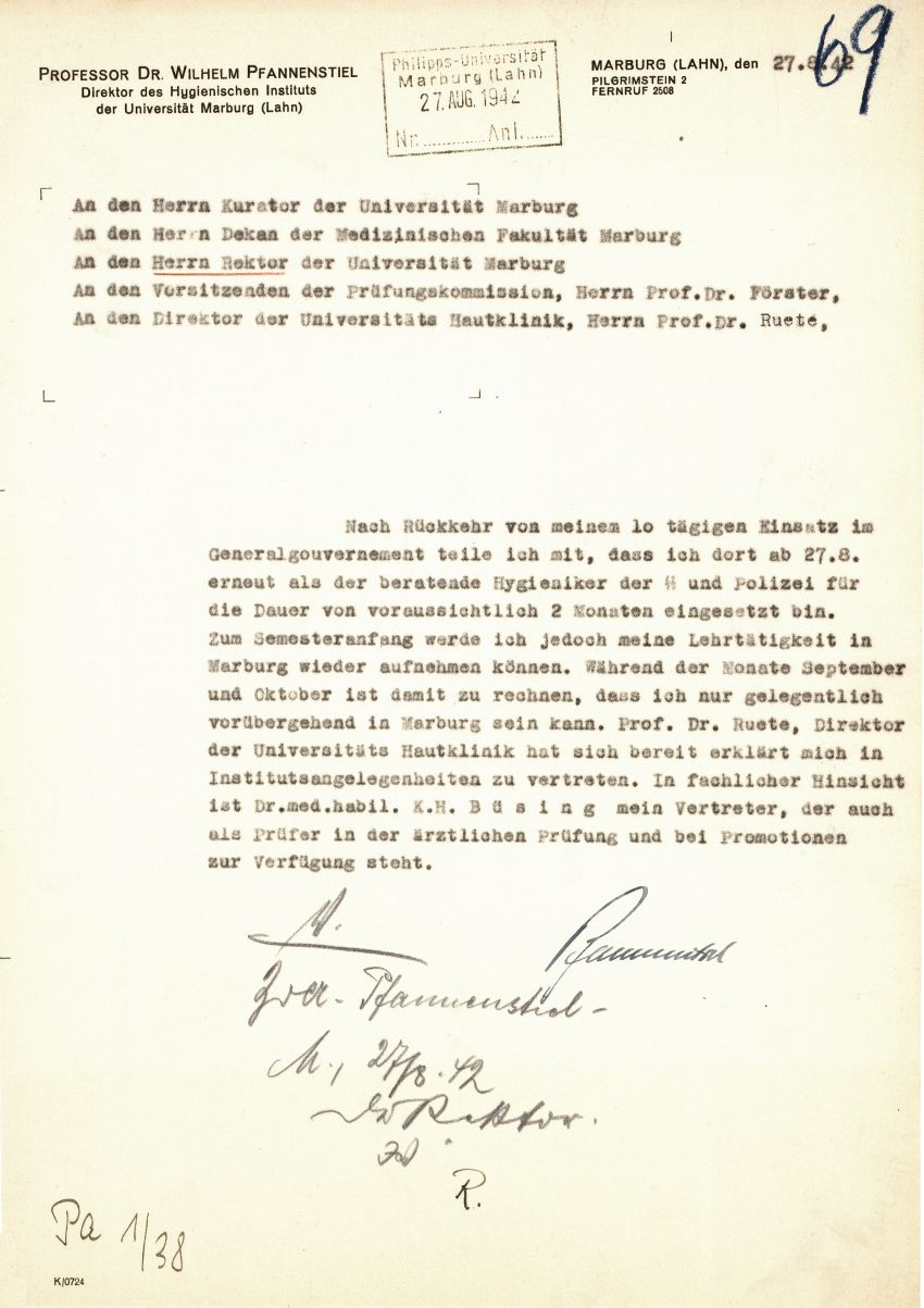 Schreiben Wilhelm Pfannenstiels an den Rektor der Philipps-Universität Marburg, 27. August 1942