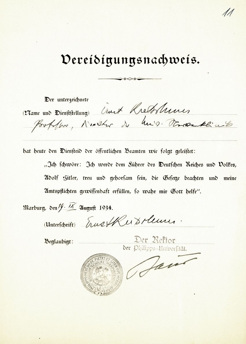 Nachweis über die Vereidigung Ernst Kretschmers an der Philipps-Universität Marburg, 19. September 1934