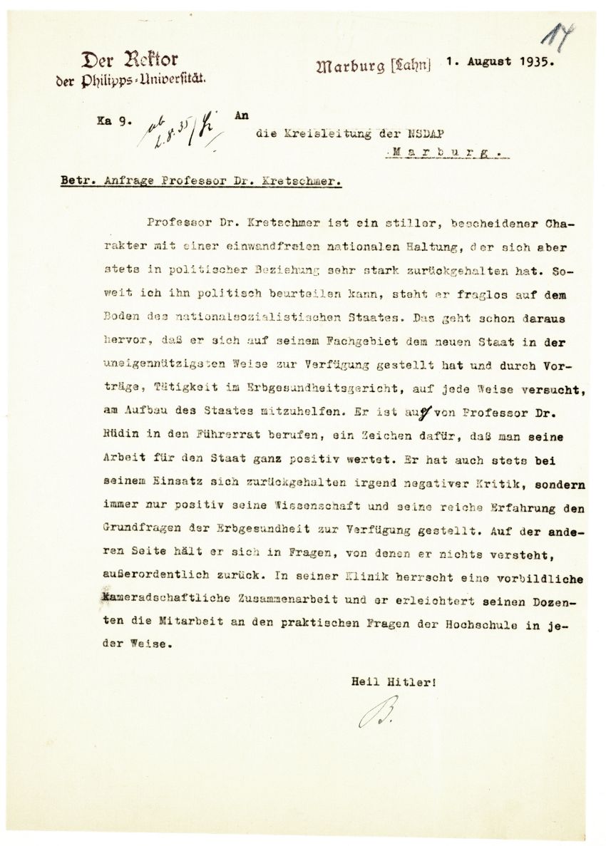 Schreiben des Rektors der Philipps-Universität Marburg an die Kreisleitung der NSDAP in Beantwortung einer Anfrage zur Persönlichkeit Ernst Kretschmers in „charakterlicher und politischer Beziehung“, 1. August 1935