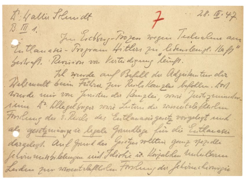 Stellungnahme Walter Schmidts zu seiner Beteiligung an den „Euthanasie“-Morden, 28. März 1947