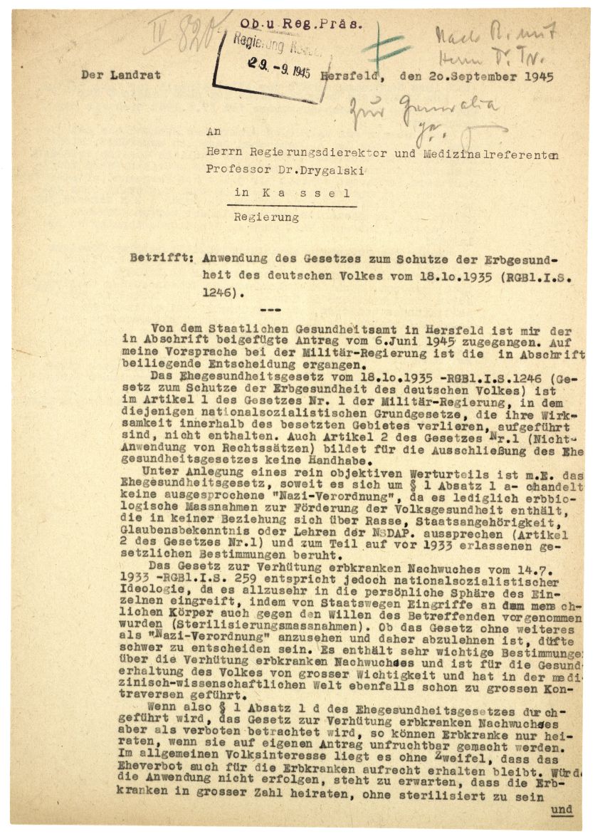 Schreiben des Landrates des Landkreises Hersfeld an den Regierungsdirektor und Medizinalreferenten bei der Regierung Kassel, Prof. Dr. Drygalski, 20. September 1945