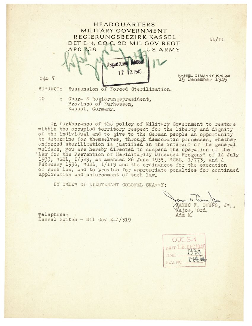 Schreiben der Militärregierung des Regierungsbezirks Kassel an den Ober- und Regierungspräsidenten der Provinz Kurhessen, 15. Dezember 1945
