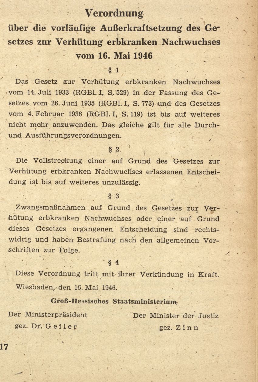 Verordnung über die vorläufige Außerkraftsetzung des Gesetzes zur Verhütung erbkranken Nachwuchses, 16. Mai 1946