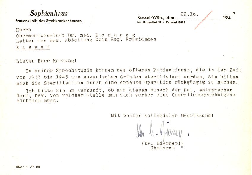 Schreiben des Chefarztes der Frauenklinik des Stadtkrankenhauses in Kassel an den Leiter der medizinischen Abteilung beim Regierungspräsidenten, 22. Oktober 1947