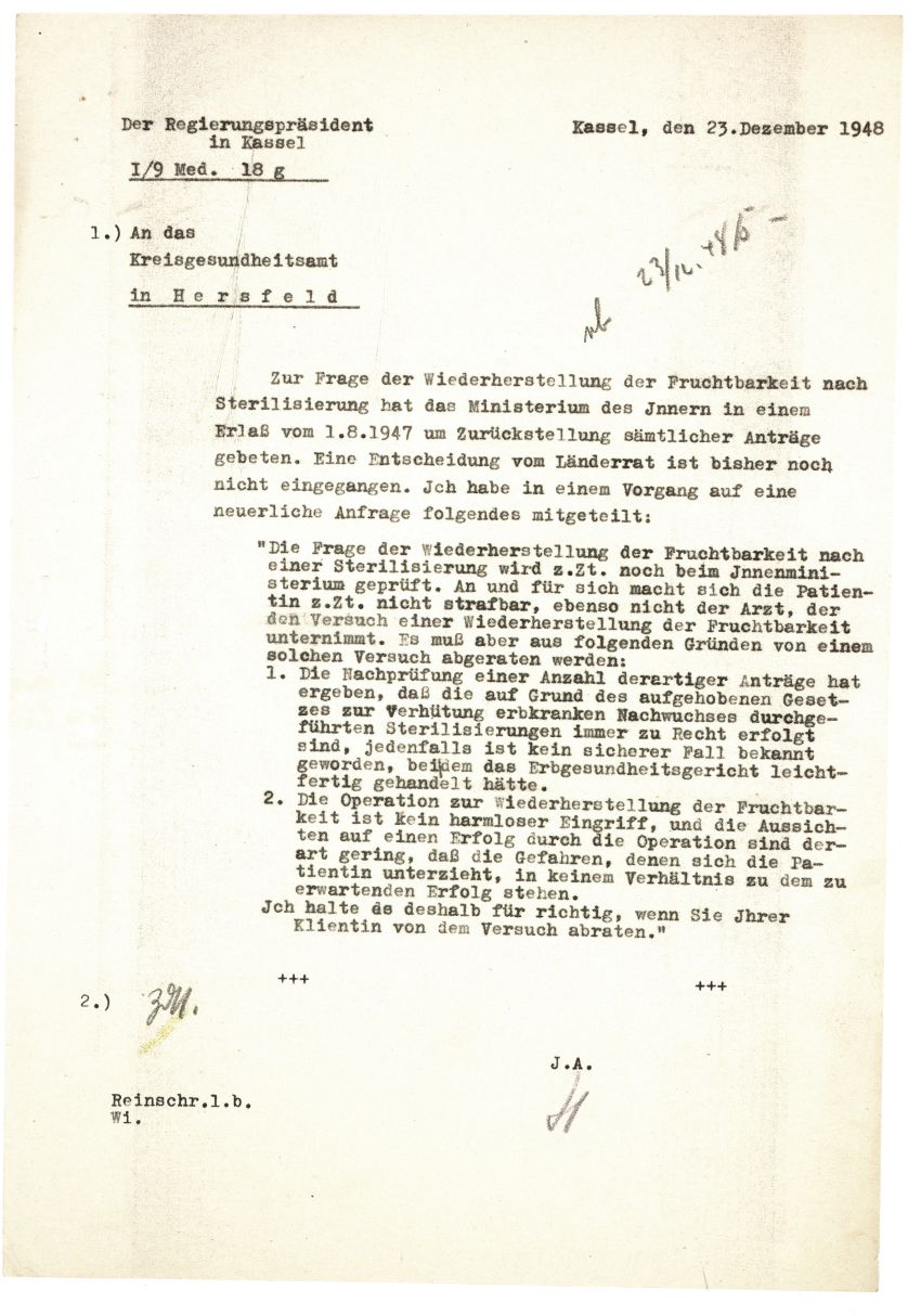 Schreiben des Regierungspräsidenten in Kassel an das Kreisgesundheitsamt Hersfeld, 23. Dezember 1948