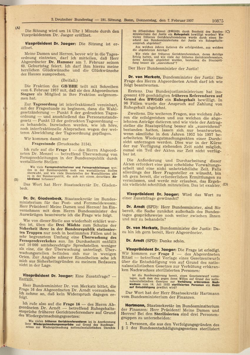 Plenarprotokoll zur 191. Sitzung des 2. Deutschen Bundestages, 7. Februar 1957
