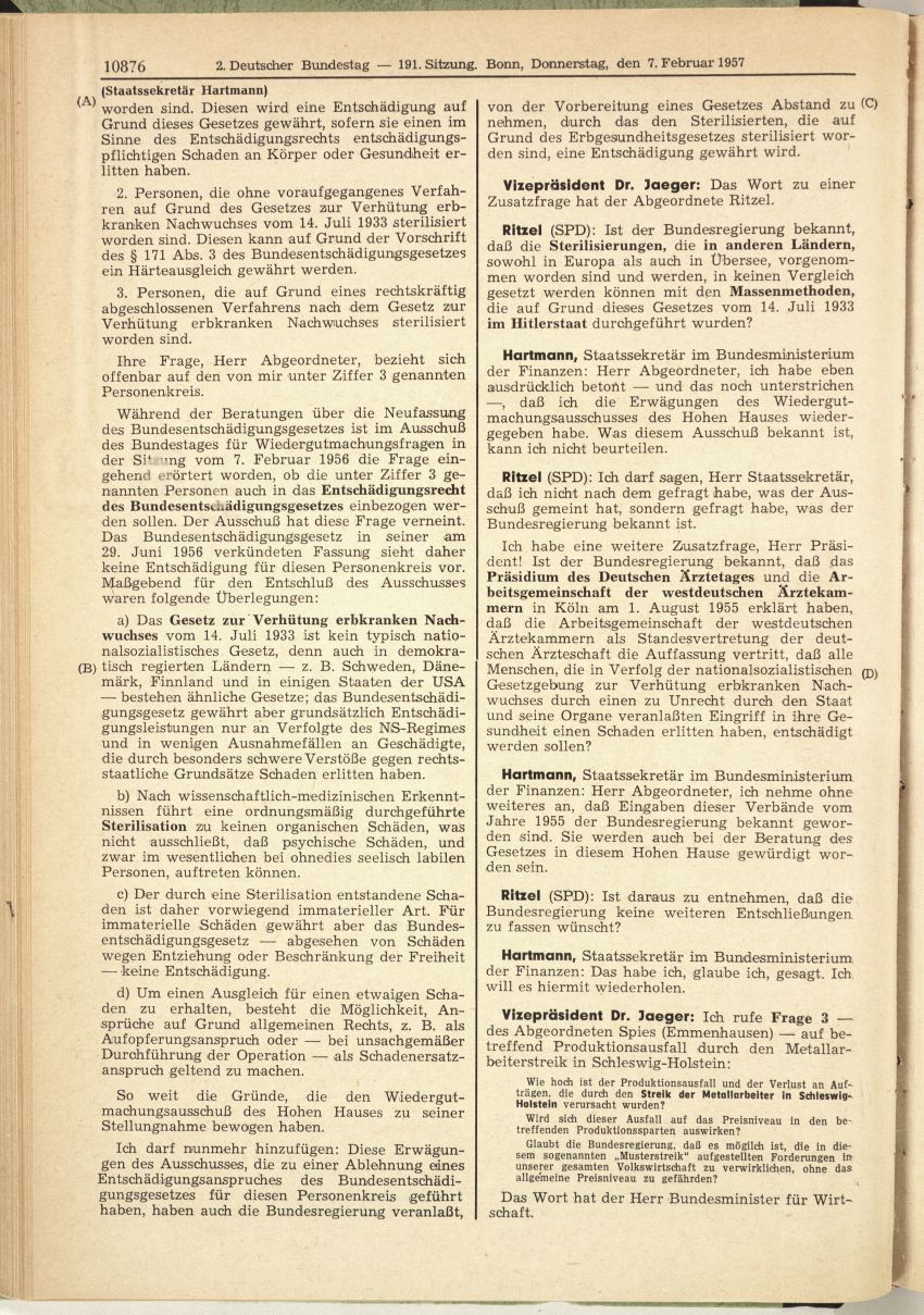 Plenarprotokoll zur 191. Sitzung des 2. Deutschen Bundestages, 7. Februar 1957