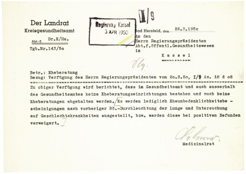 Erlass des Hessischen Ministers des Innern betreffend die Vorlage von Eheunbedenklichkeitsbescheinigungen vor der Eheschließung, 28. Januar 1950