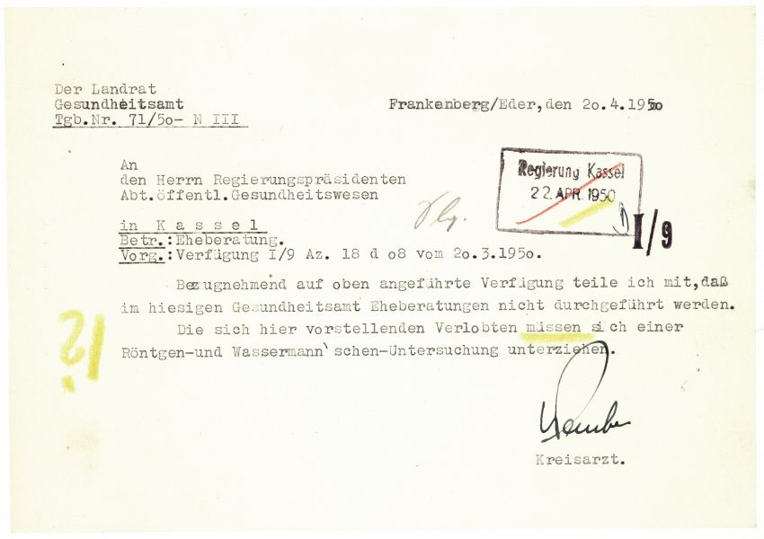 Erlass des Hessischen Ministers des Innern betreffend die Vorlage von Eheunbedenklichkeitsbescheinigungen vor der Eheschließung, 28. Januar 1950