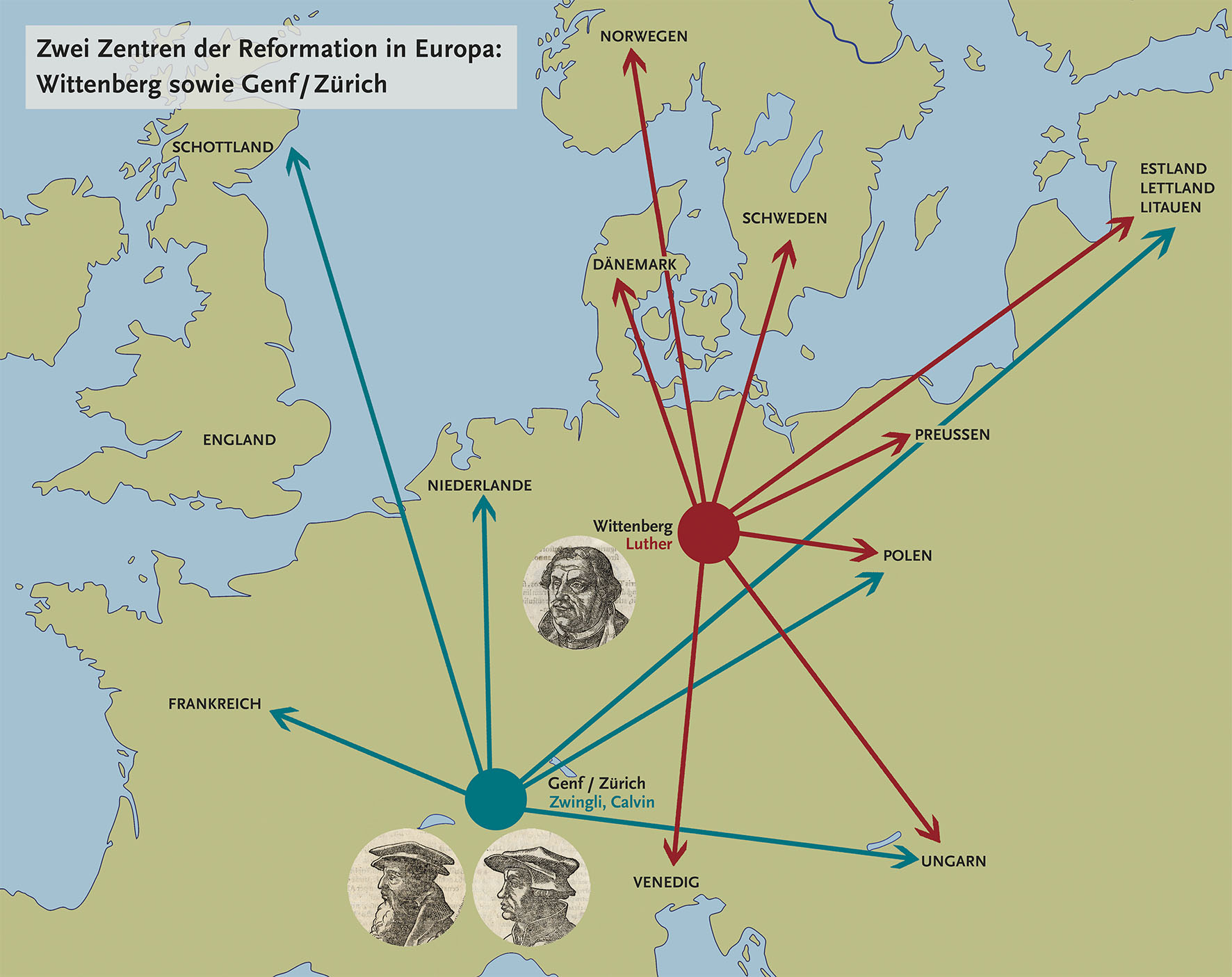 GRAPHIK: Zwei Zentren der Reformation in Europa: Wittenberg sowie Genf/Zürich