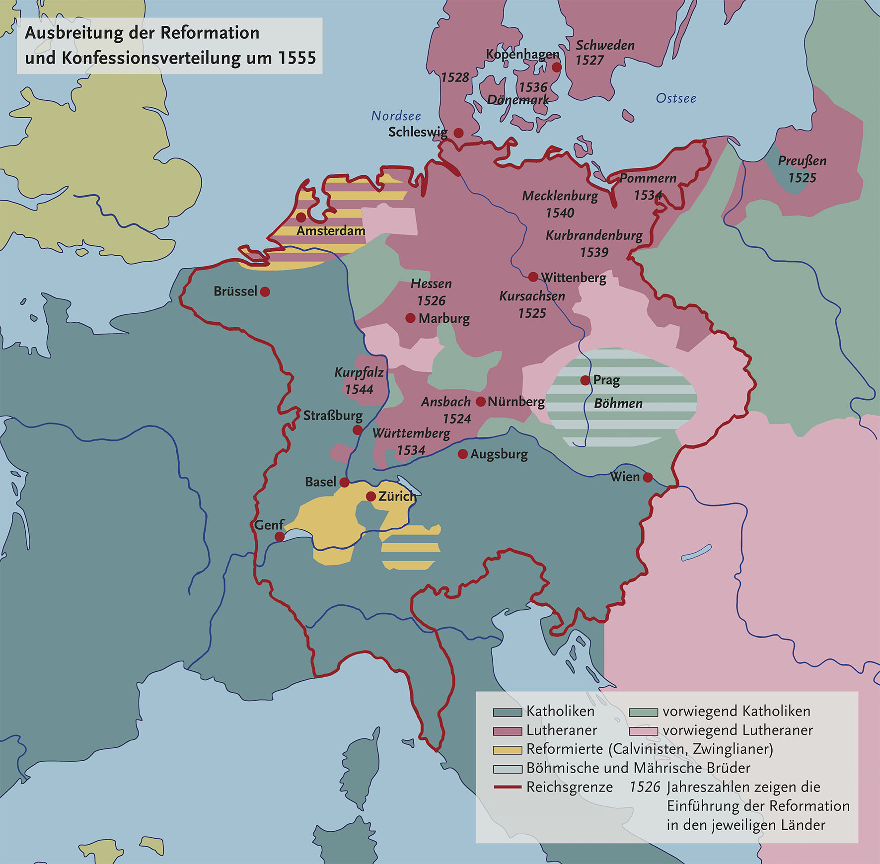 KARTE: Ausbreitung der Reformation und Konfessionsverteilung um 1555