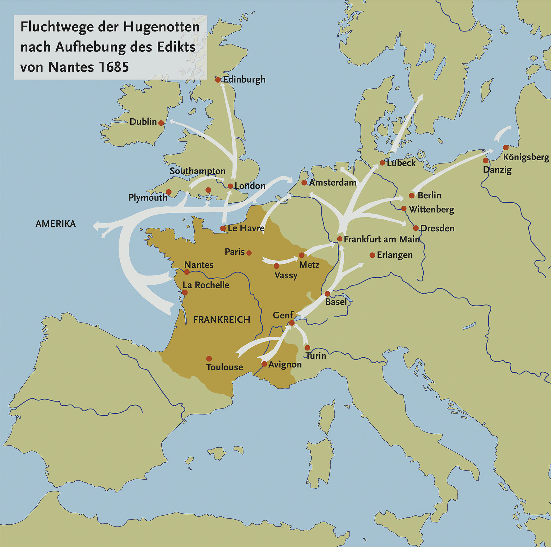 KARTE: Fluchtwege der Hugenotten nach der Aufhebung des Edikts von Nantes 1685
